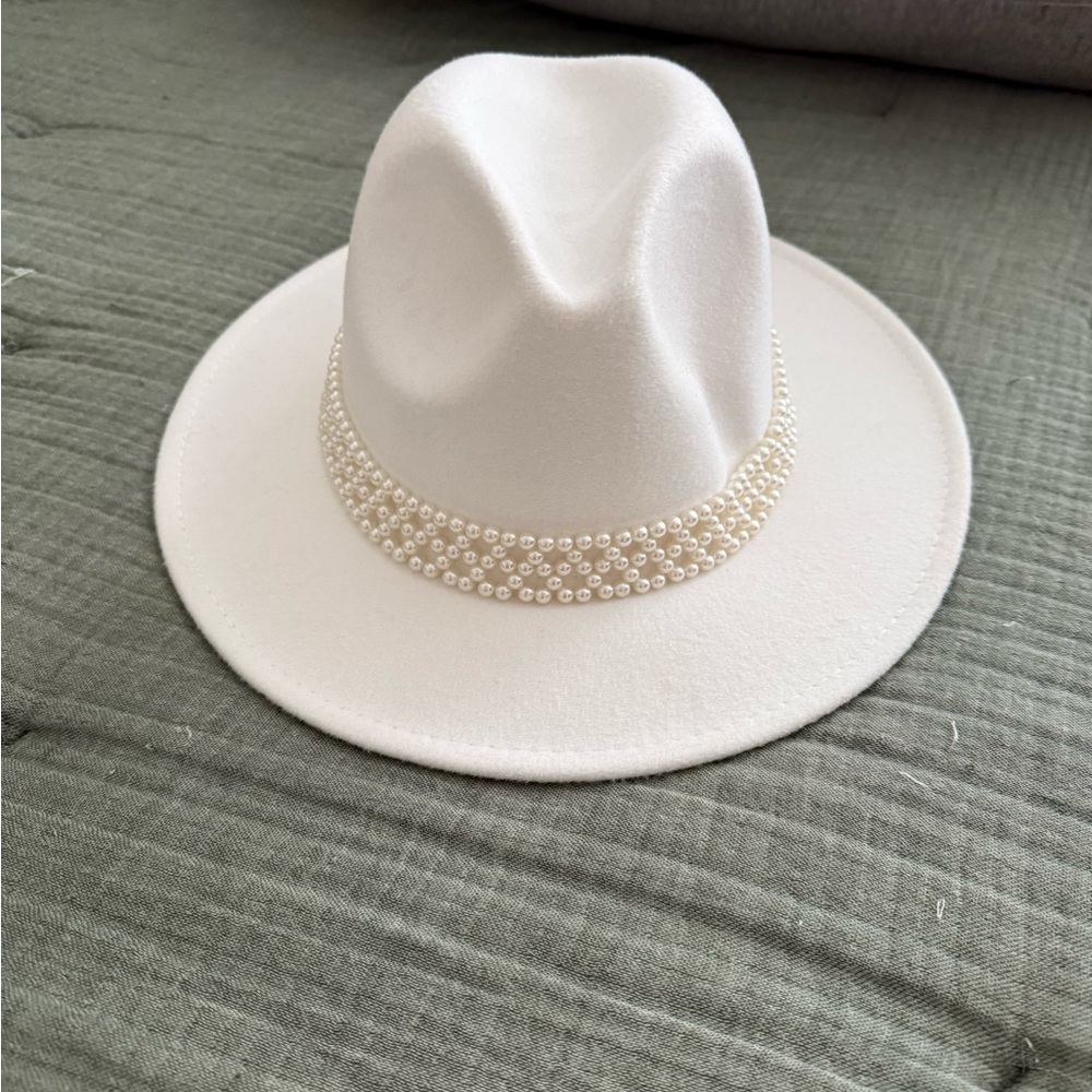 Elegant White Pearl-Embellished Hat